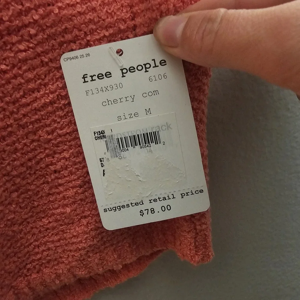 Free People Medium Oversized Cropped Coral‎ Open Knit Sweater Top Frayed Sleeves